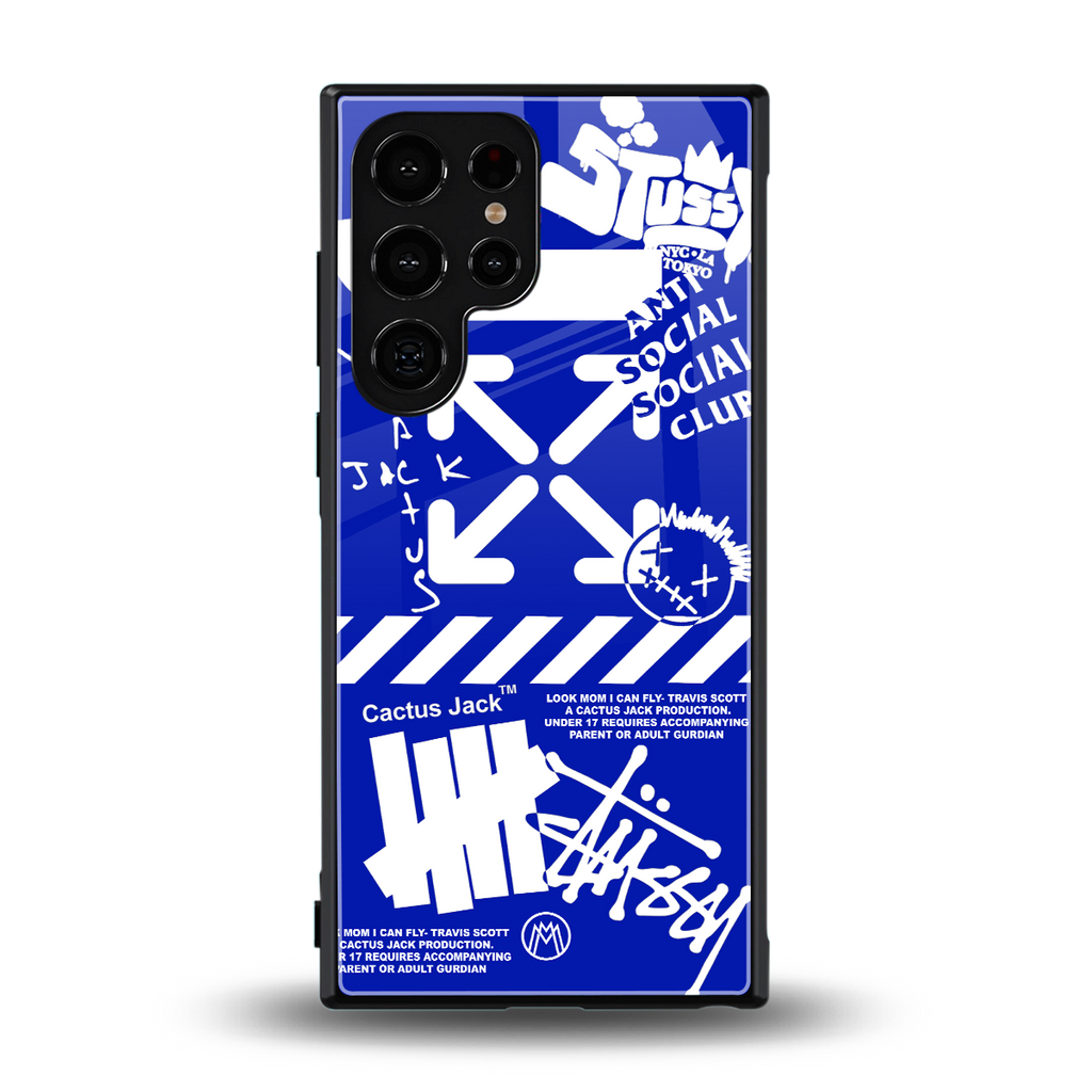 blue travis scott x anti social social club back phone cover | glass case for samsung galaxy s24 ultra