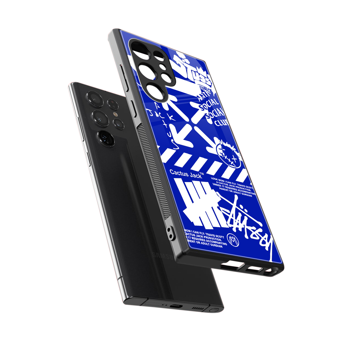 blue travis scott x anti social social club back phone cover | glass case for samsung galaxy s24 ultra
