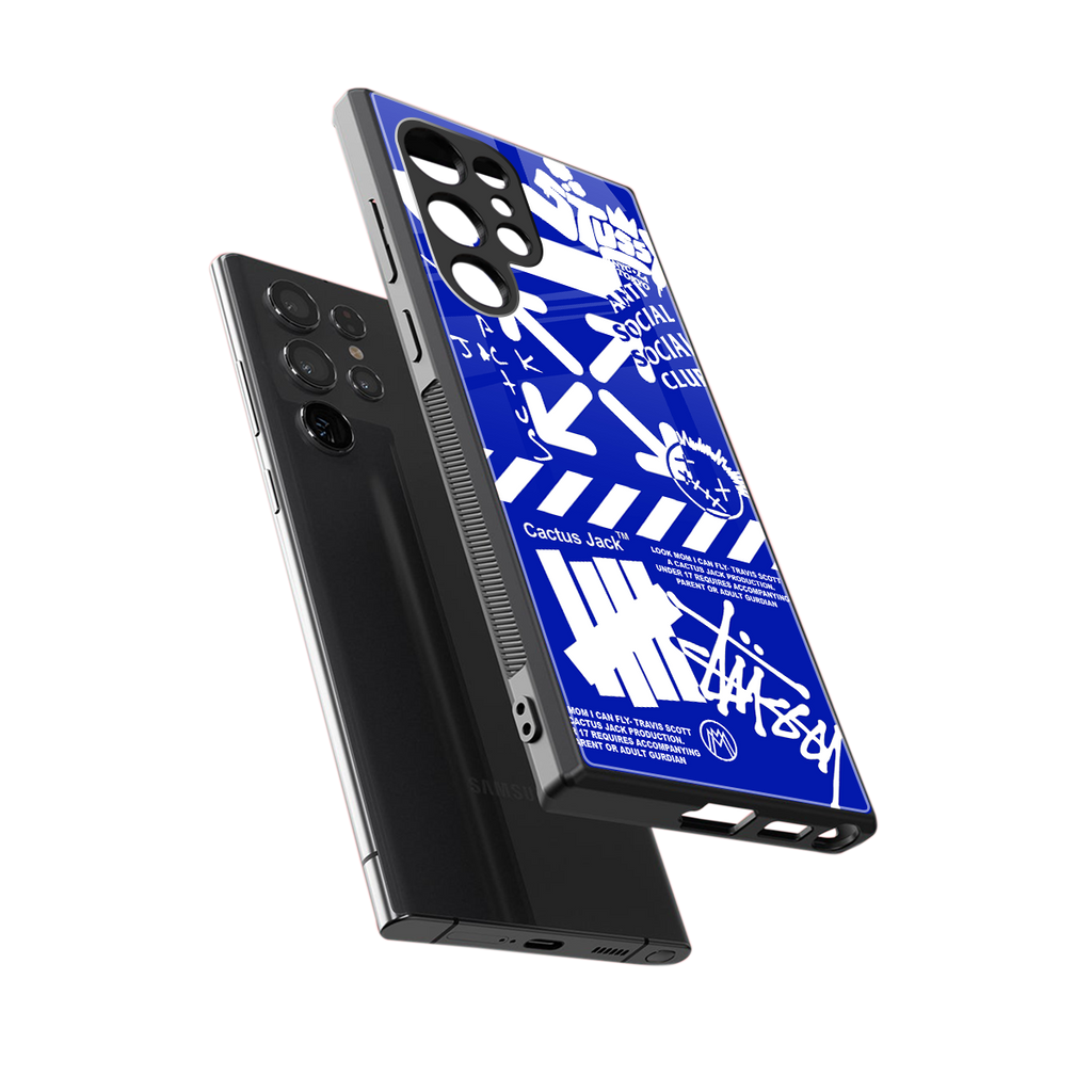 blue travis scott x anti social social club back phone cover | glass case for samsung galaxy s23 ultra