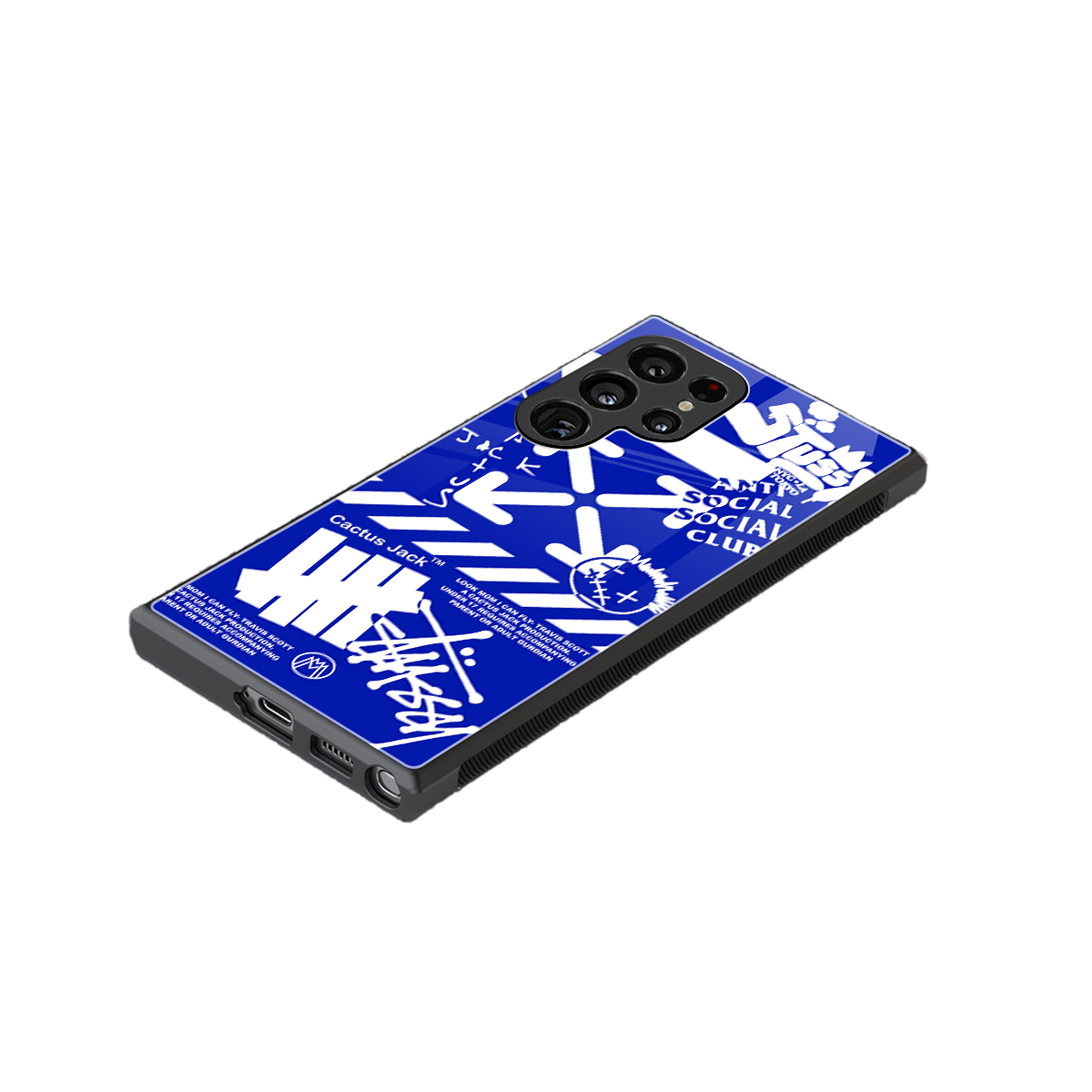 blue travis scott x anti social social club back phone cover | glass case for samsung galaxy s24 ultra
