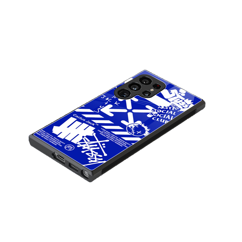 blue travis scott x anti social social club back phone cover | glass case for samsung galaxy s23 ultra