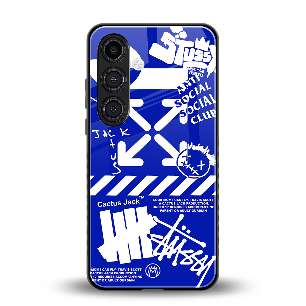 blue travis scott x anti social social club back phone cover | glass case for samsung galaxy s24 plus