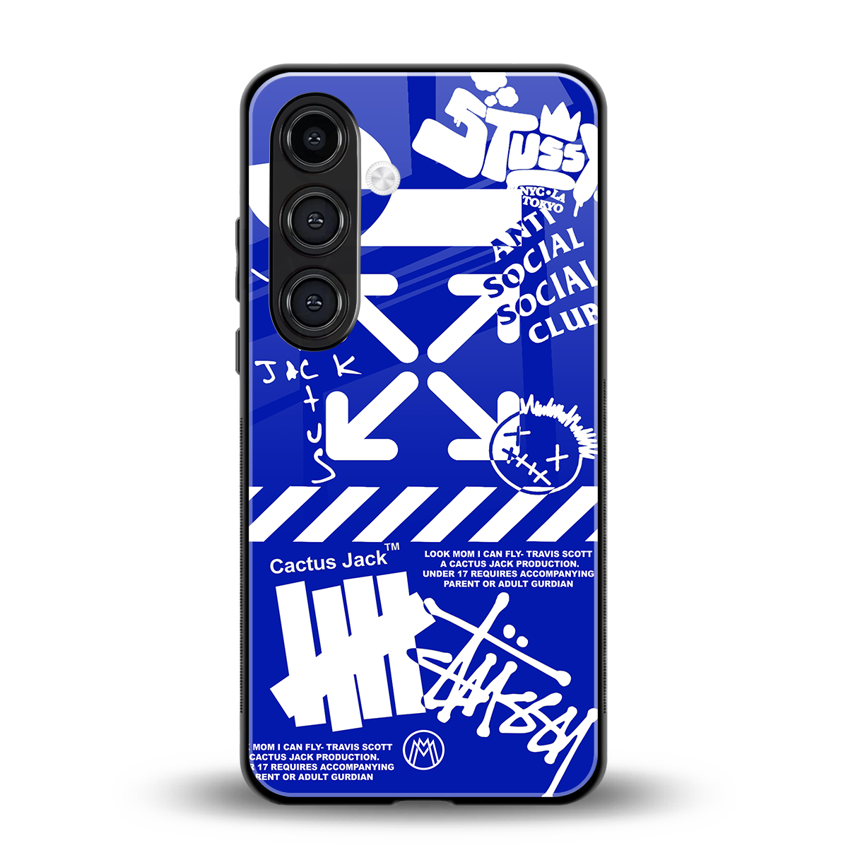 blue travis scott x anti social social club back phone cover | glass case for samsung galaxy s24 plus