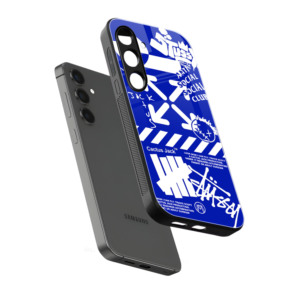blue travis scott x anti social social club back phone cover | glass case for samsung galaxy s24 fe