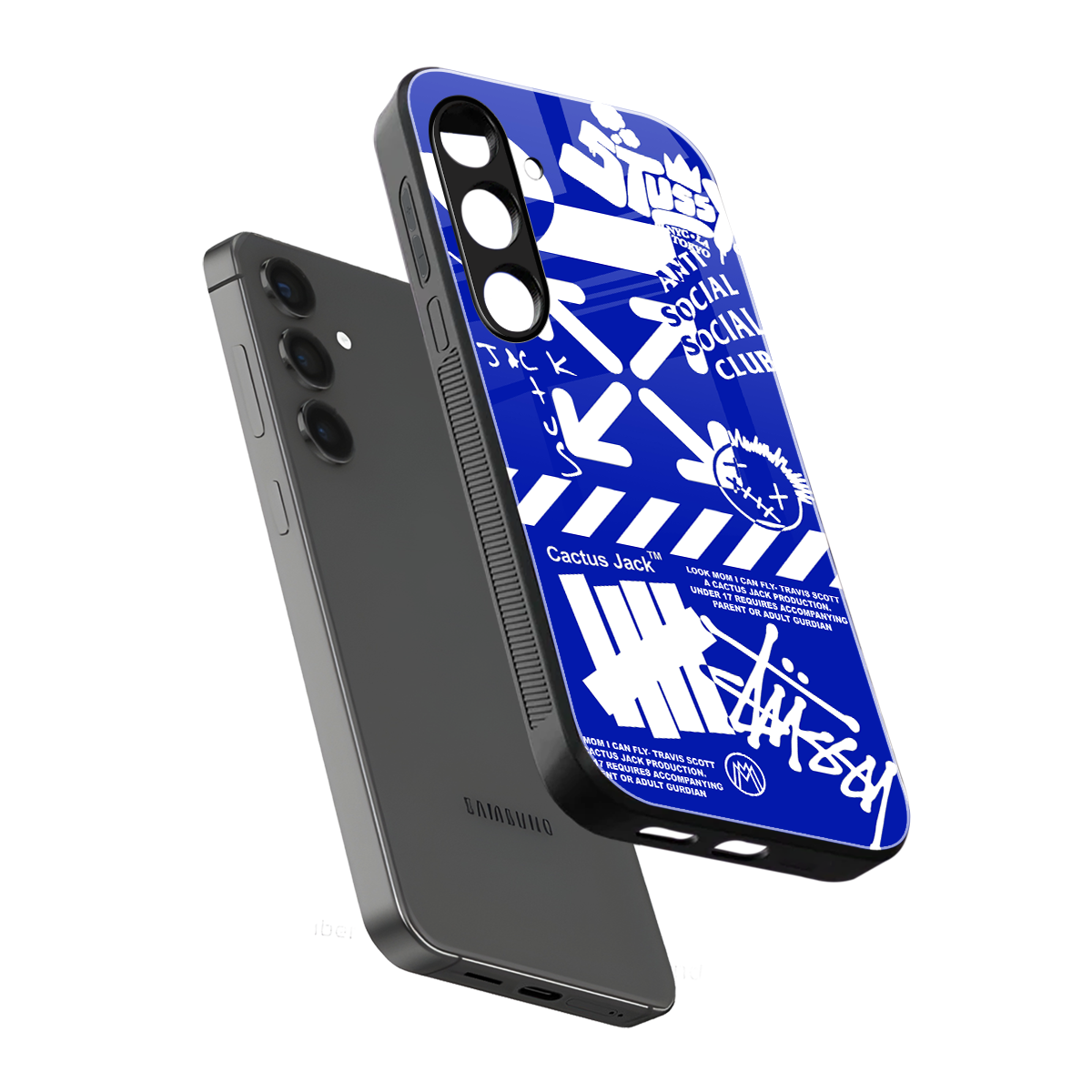 blue travis scott x anti social social club back phone cover | glass case for samsung galaxy s24 plus