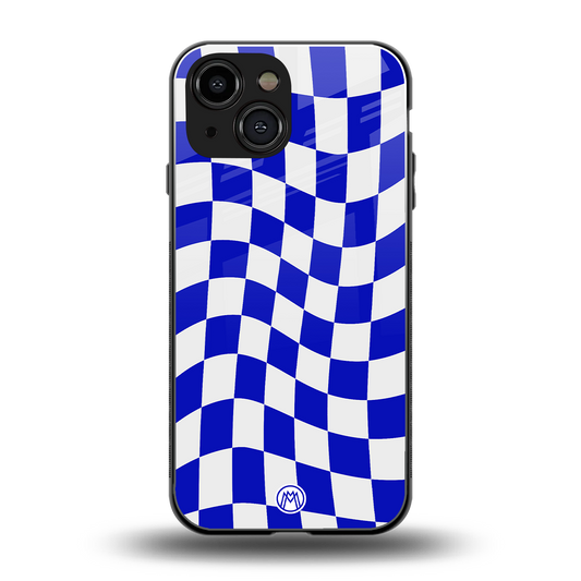 blue white trippy check pattern back phone cover | glass case for iphone 13 mini