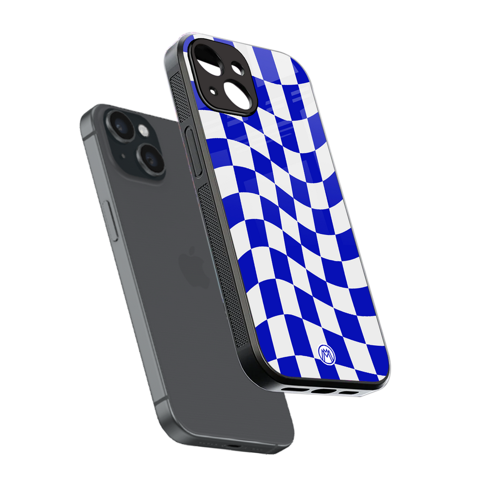 blue white trippy check pattern back phone cover | glass case for iphone 13 mini