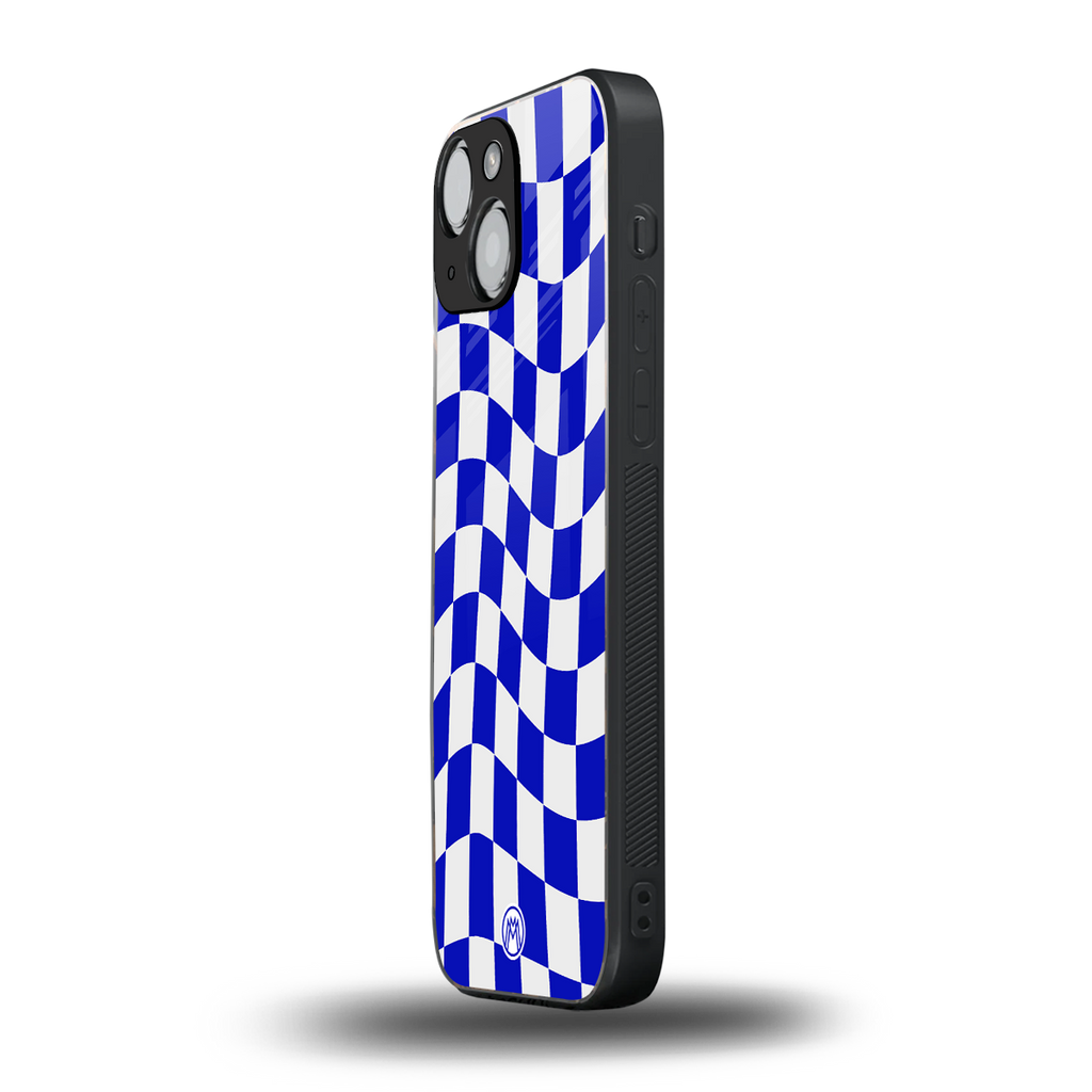 blue white trippy check pattern back phone cover | glass case for iphone 13 mini