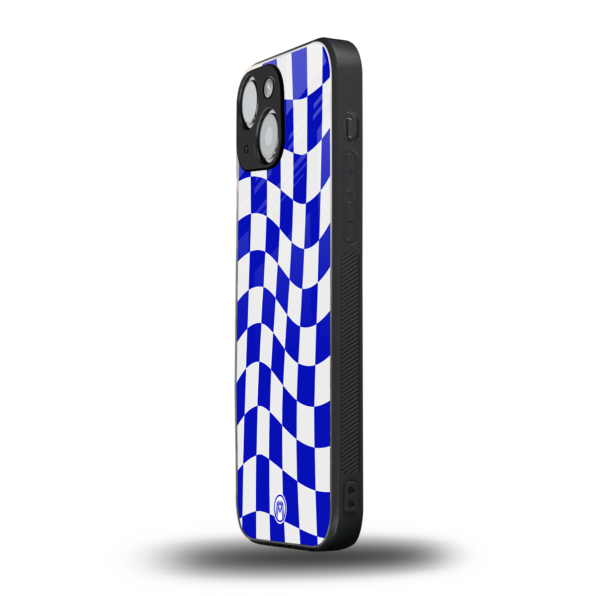 blue white trippy check pattern back phone cover | glass case for iphone 13 mini
