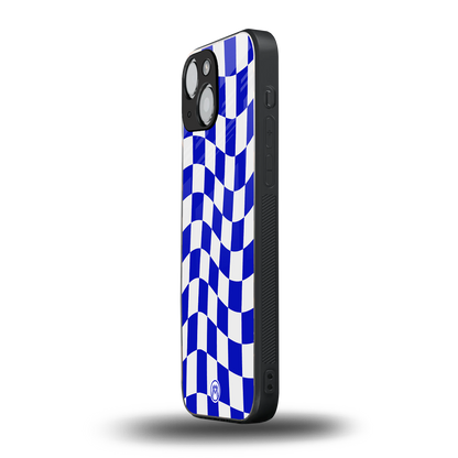 blue white trippy check pattern back phone cover | glass case for iphone 13 mini