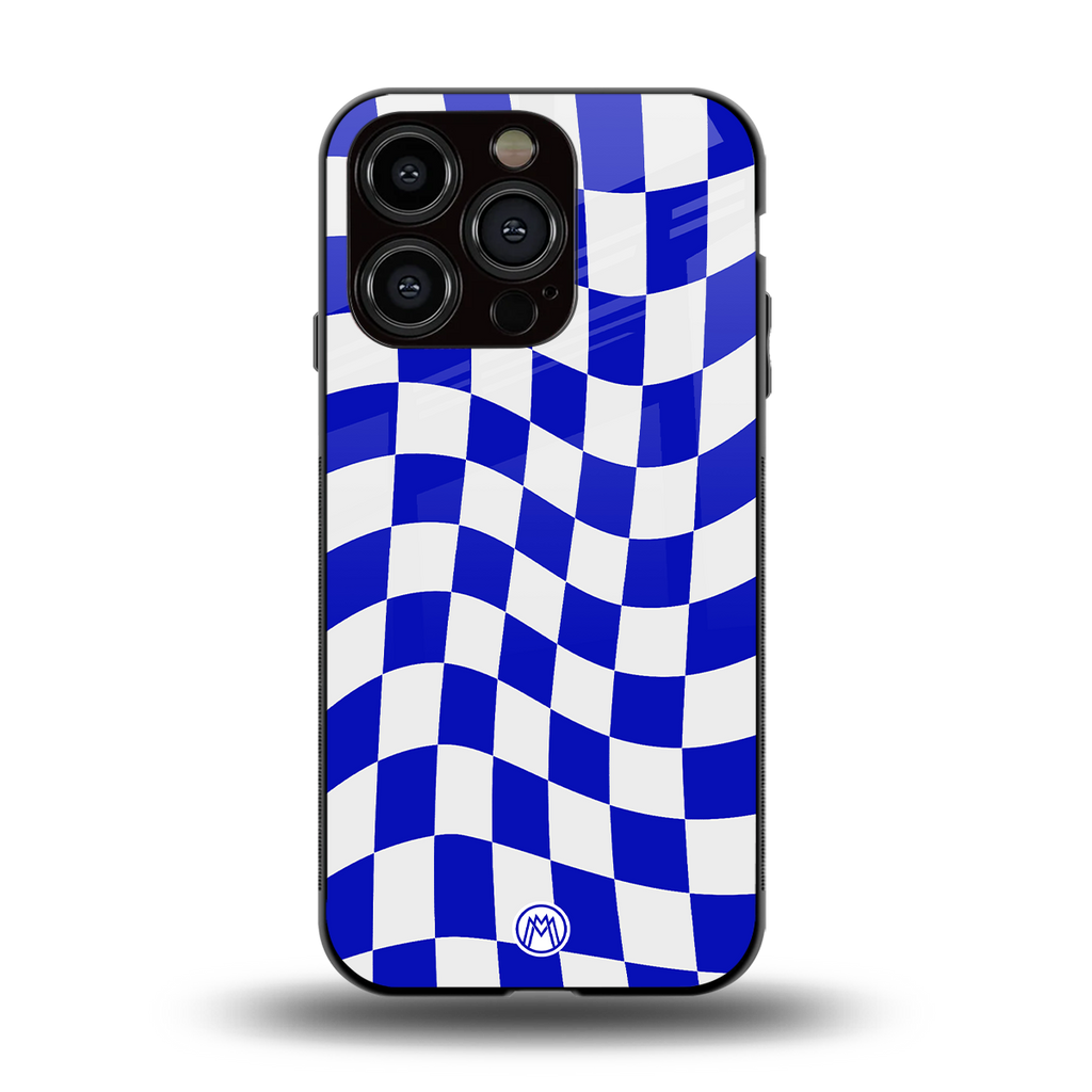blue white trippy check pattern back phone cover | glass case for iphone 13 pro