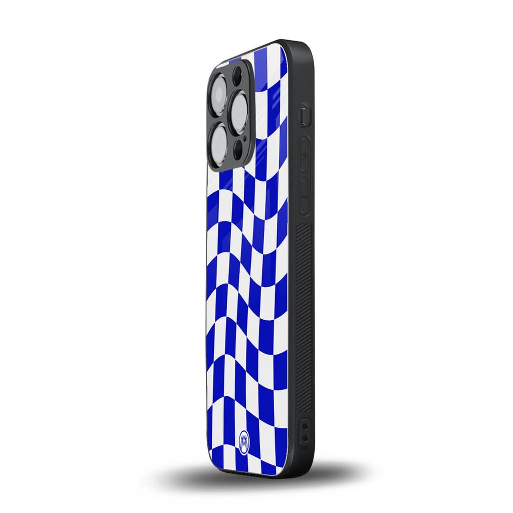 blue white trippy check pattern back phone cover | glass case for iphone 13 pro