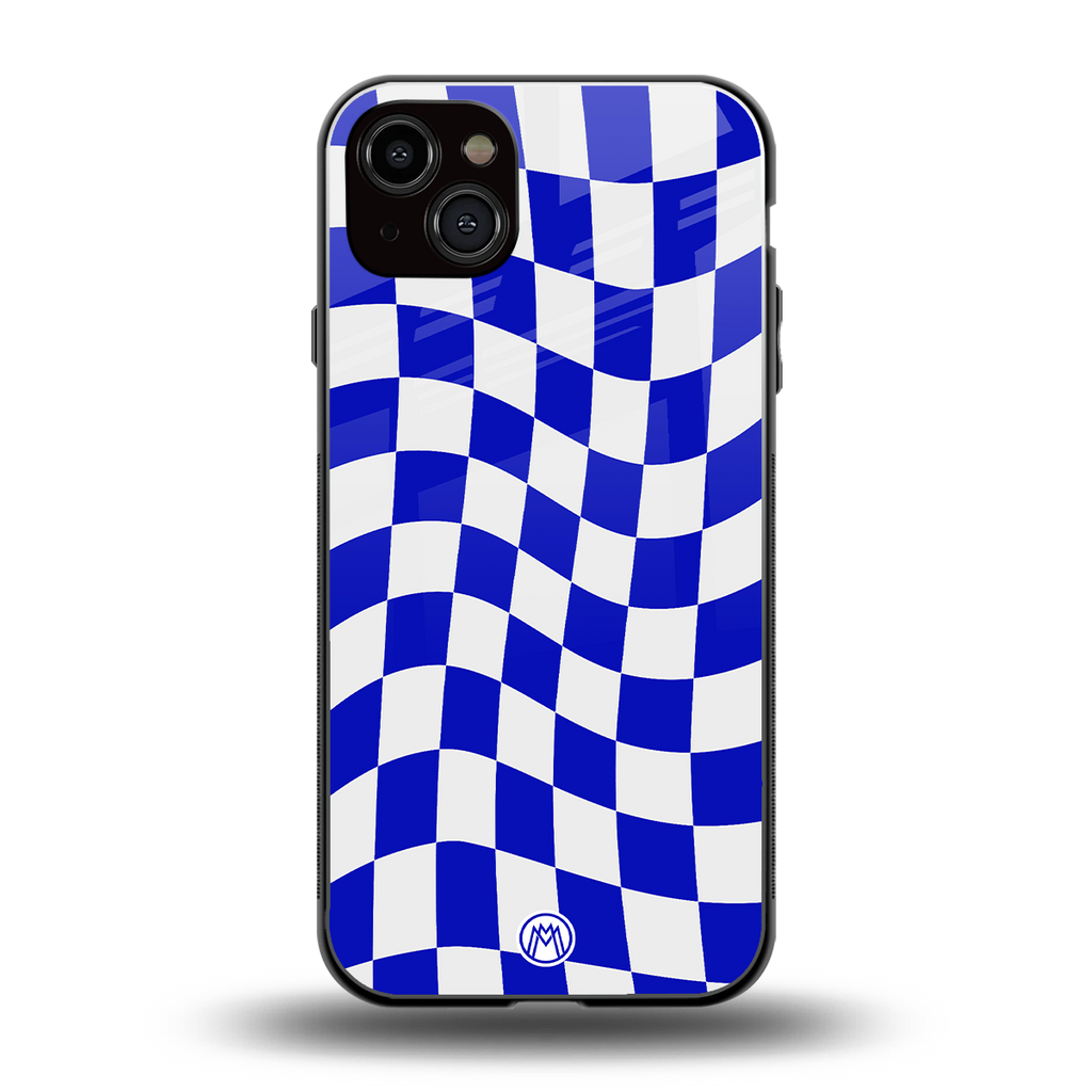 blue white trippy check pattern back phone cover | glass case for iphone 14 plus