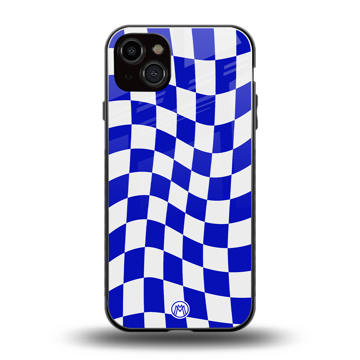 blue white trippy check pattern back phone cover | glass case for iphone 14 plus