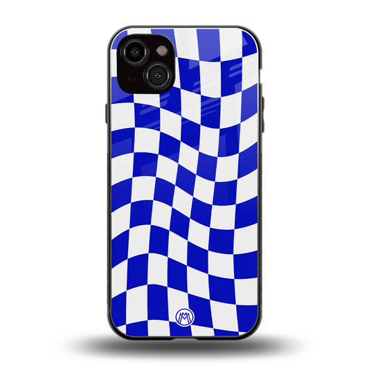 blue white trippy check pattern back phone cover | glass case for iphone 14 plus