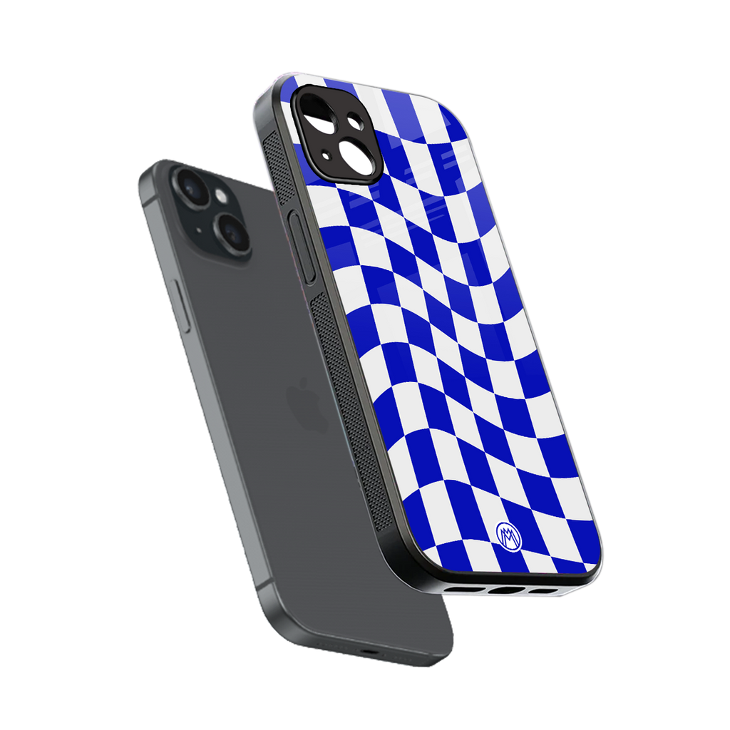 blue white trippy check pattern back phone cover | glass case for iphone 14 plus
