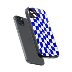 blue white trippy check pattern back phone cover | glass case for iphone 14 plus