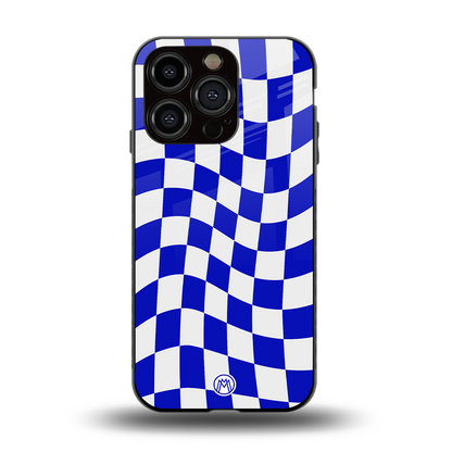 blue white trippy check pattern back phone cover | glass case for iphone 15 pro
