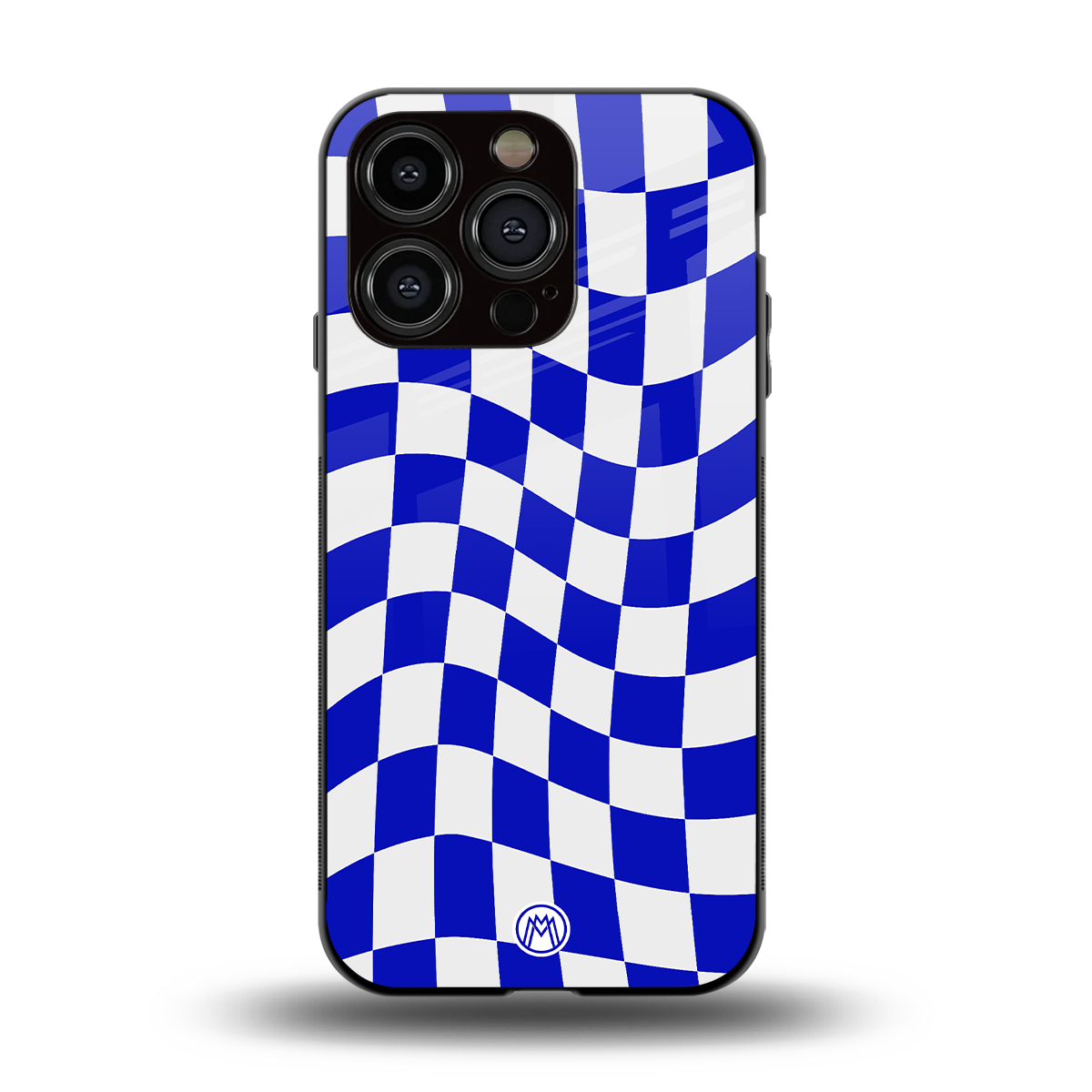 blue white trippy check pattern back phone cover | glass case for iphone 14 pro
