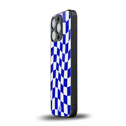 blue white trippy check pattern back phone cover | glass case for iphone 15 pro
