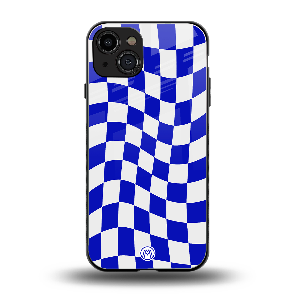 blue white trippy check pattern back phone cover | glass case for iphone 15