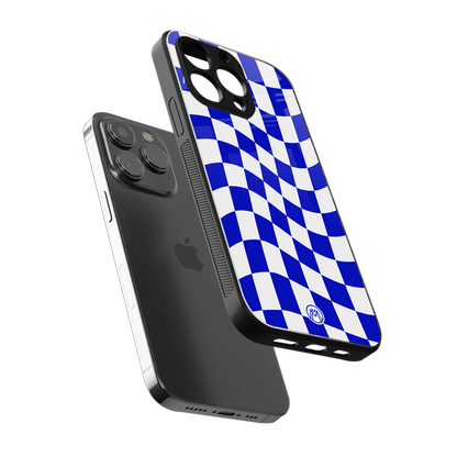 blue white trippy check pattern back phone cover | glass case for iphone 15 pro