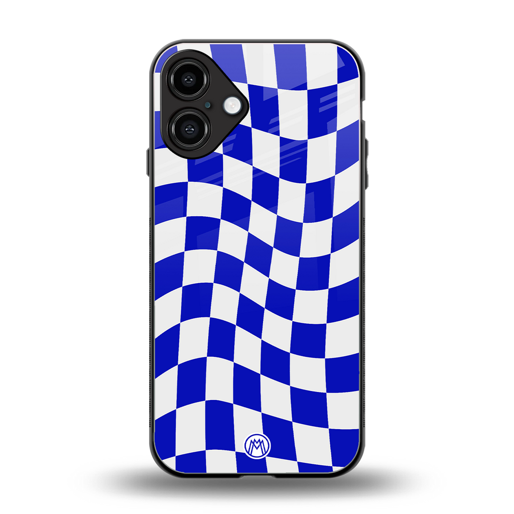 blue white trippy check pattern back phone cover | glass case for iphone 16 plus