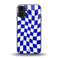 blue white trippy check pattern back phone cover | glass case for iphone 16 plus