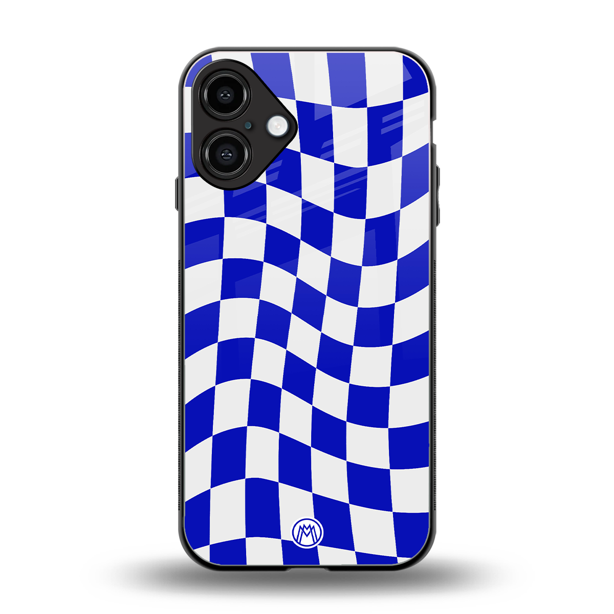 blue white trippy check pattern back phone cover | glass case for iphone 16 plus