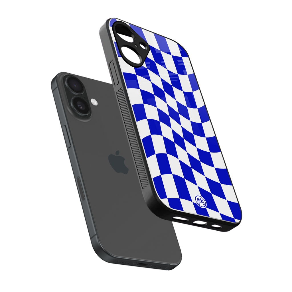 blue white trippy check pattern back phone cover | glass case for iphone 16 plus
