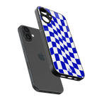 blue white trippy check pattern back phone cover | glass case for iphone 16 plus
