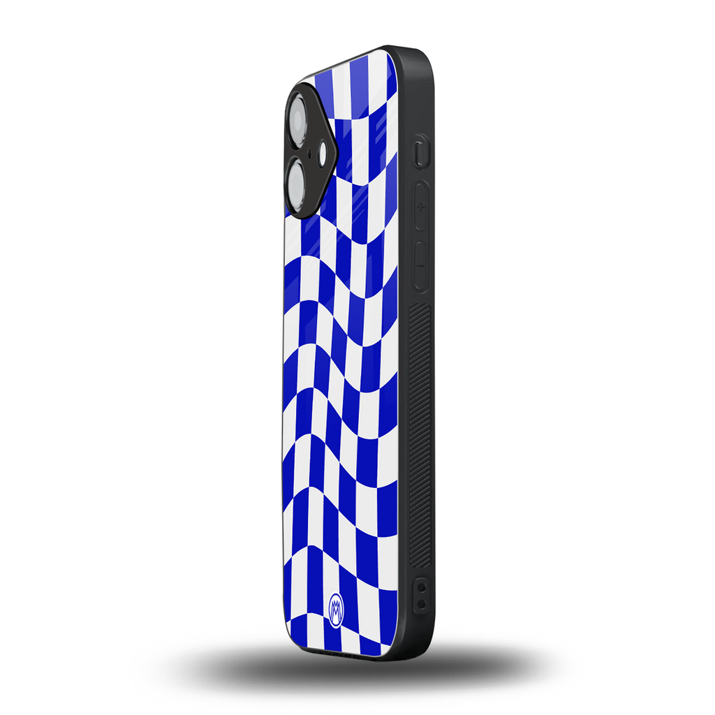 blue white trippy check pattern back phone cover | glass case for iphone 16 plus