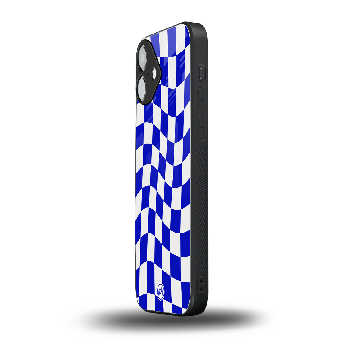 blue white trippy check pattern back phone cover | glass case for iphone 16 plus