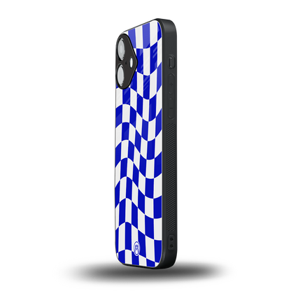 blue white trippy check pattern back phone cover | glass case for iphone 16 plus