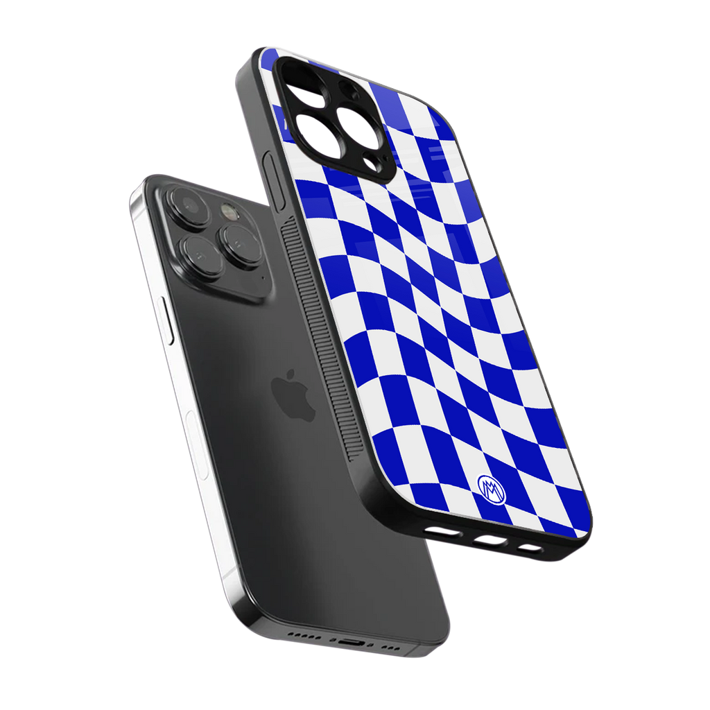 blue white trippy check pattern back phone cover | glass case for iphone 16 pro max