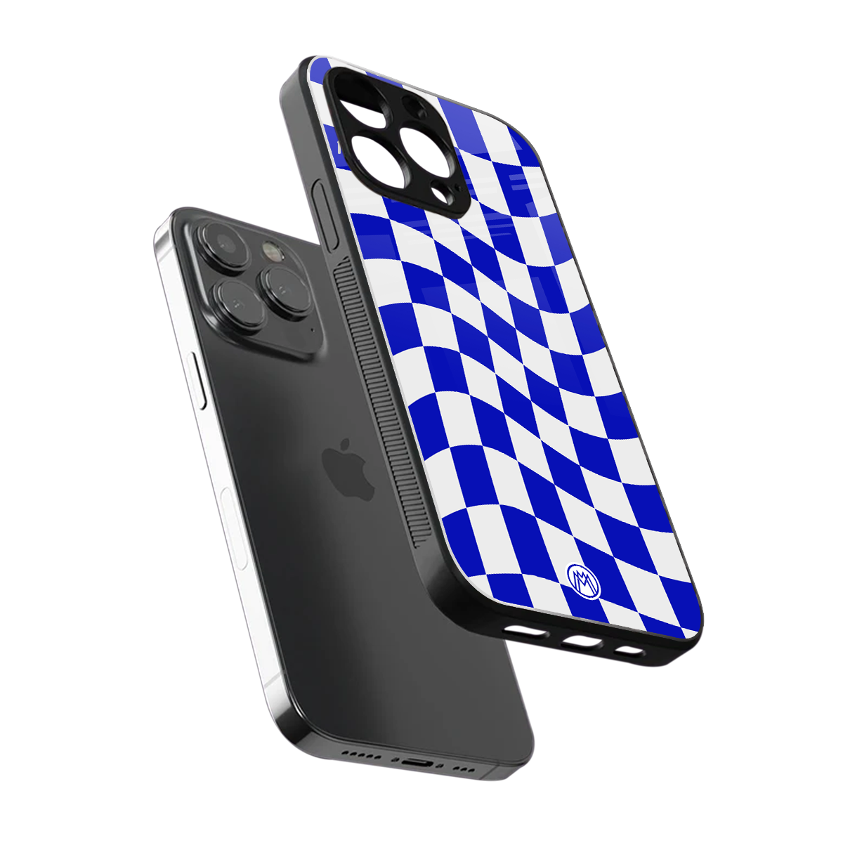 blue white trippy check pattern back phone cover | glass case for iphone 16 pro max
