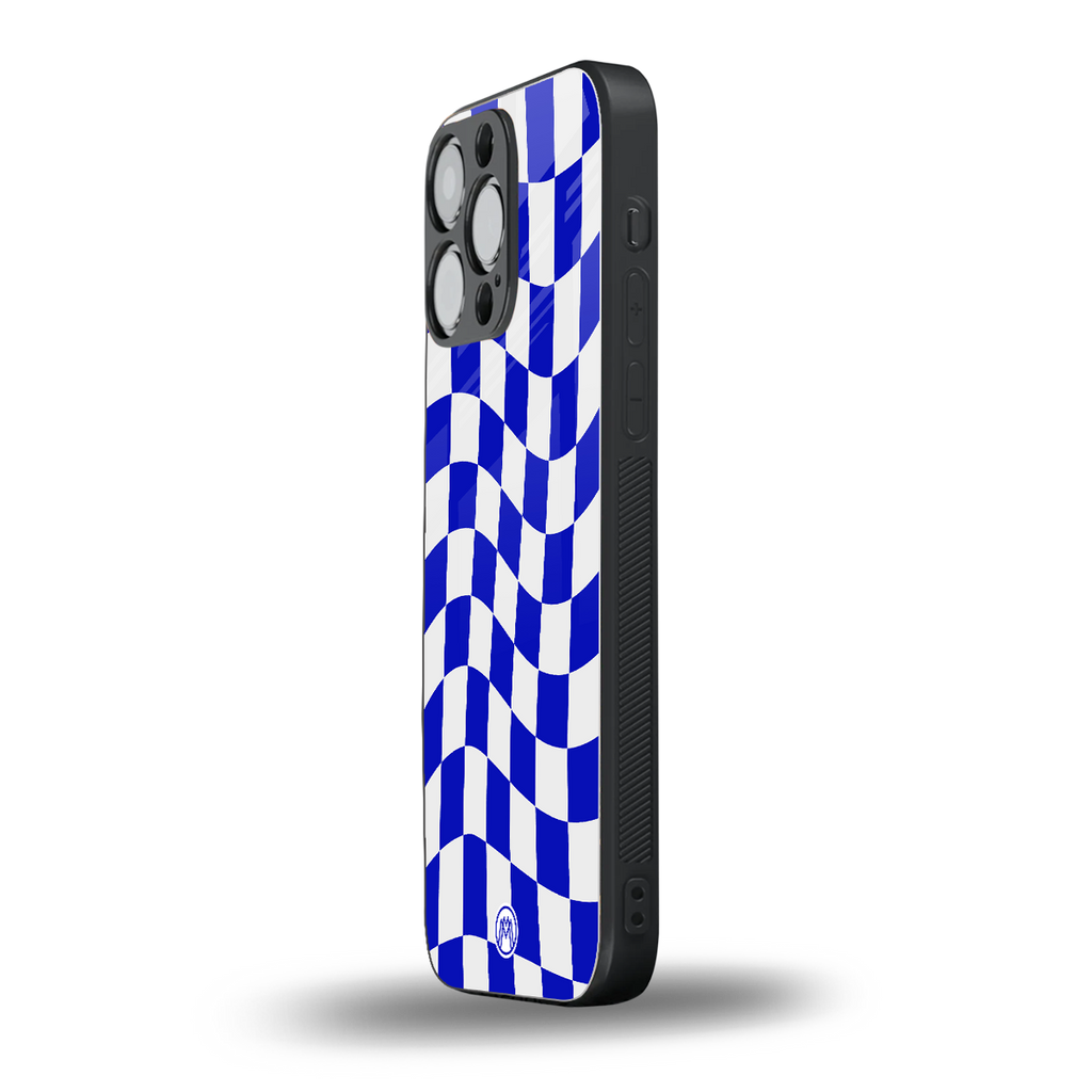 blue white trippy check pattern back phone cover | glass case for iphone 16 pro max