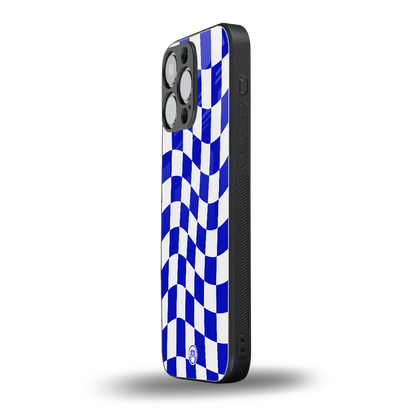 blue white trippy check pattern back phone cover | glass case for iphone 16 pro max