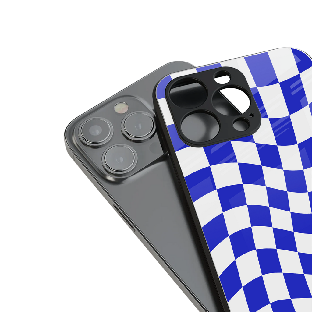 blue white trippy check pattern back phone cover | glass case for iphone 13 pro