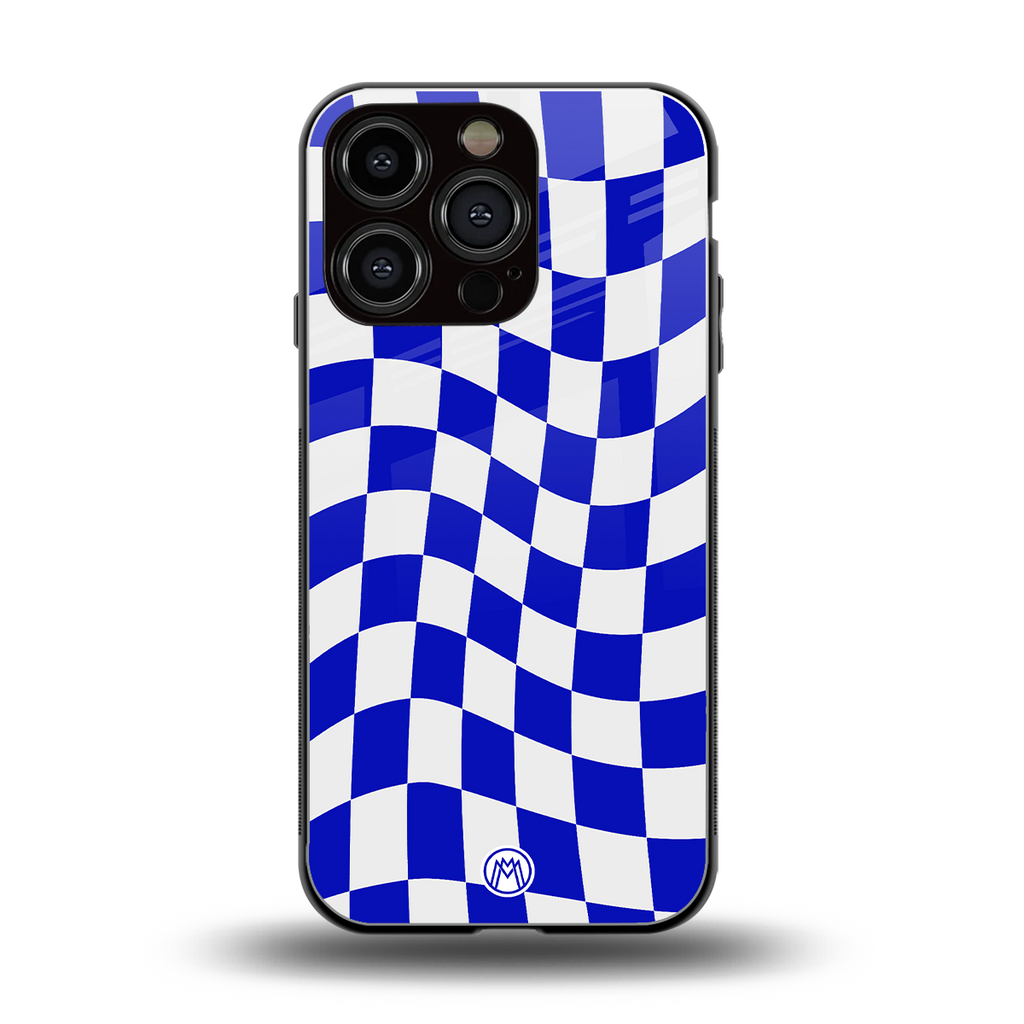 blue white trippy check pattern back phone cover | glass case for iphone 16 pro