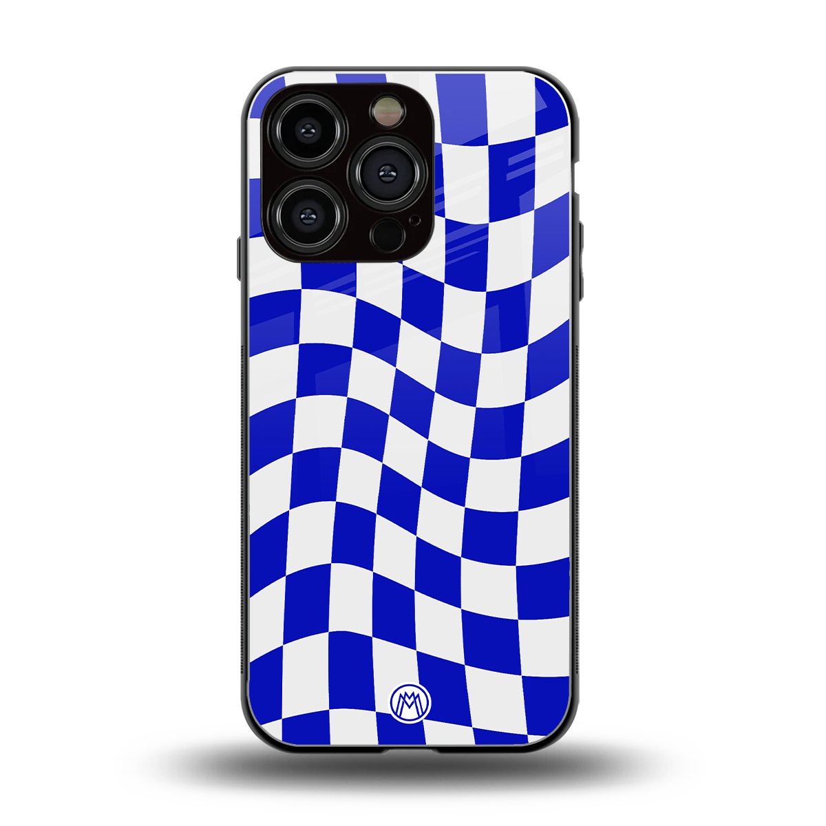 blue white trippy check pattern back phone cover | glass case for iphone 16 pro