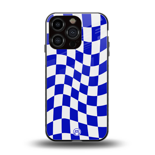 blue white trippy check pattern back phone cover | glass case for iphone 16 pro