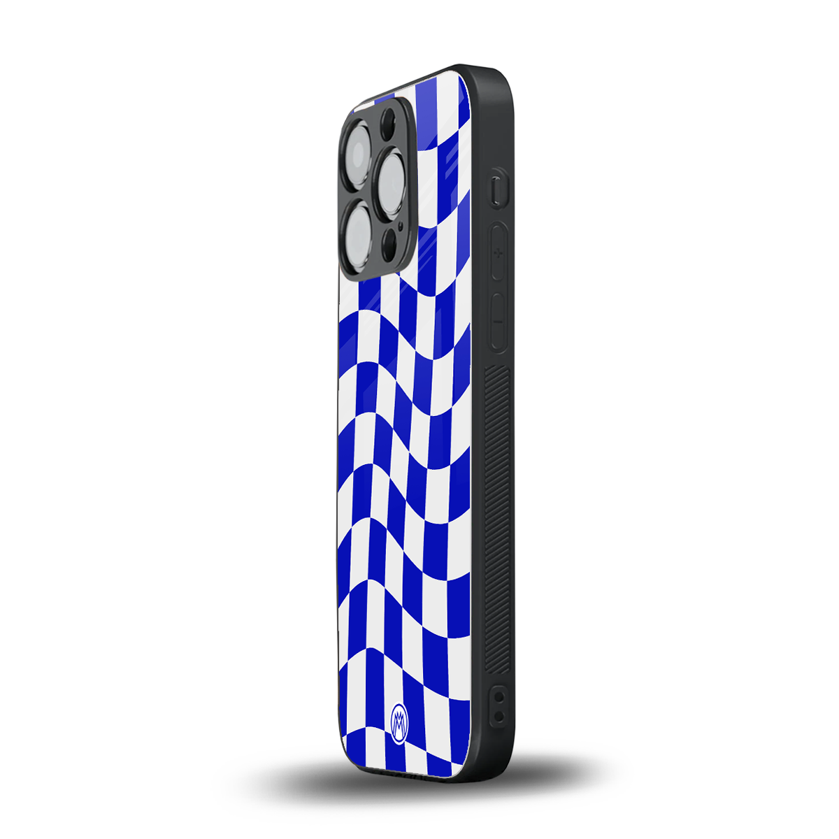 blue white trippy check pattern back phone cover | glass case for iphone 16 pro