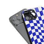 blue white trippy check pattern back phone cover | glass case for iphone 15 plus