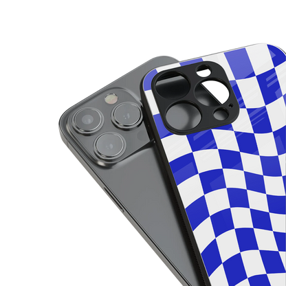 blue white trippy check pattern back phone cover | glass case for iphone 16 pro