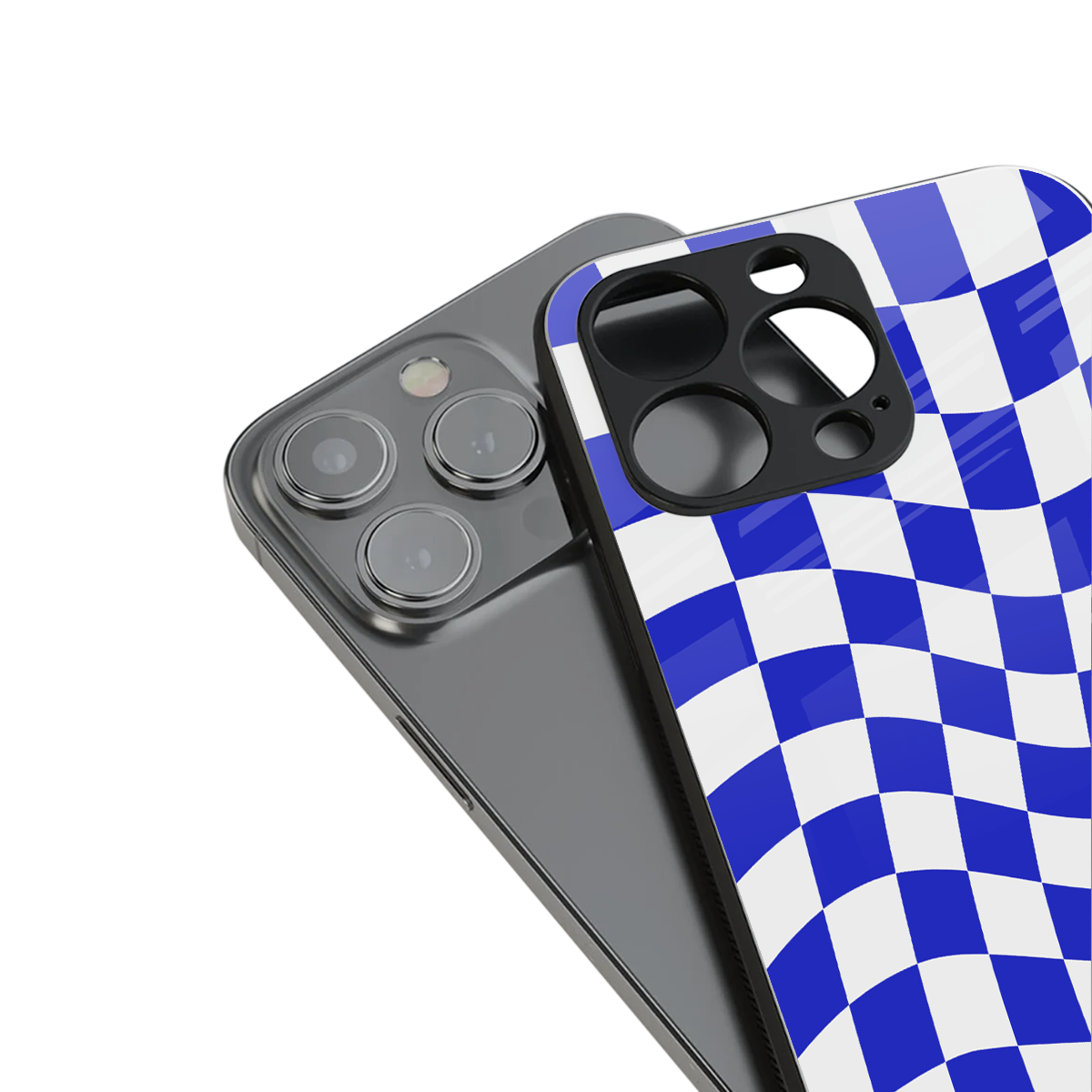 blue white trippy check pattern back phone cover | glass case for iphone 15 pro