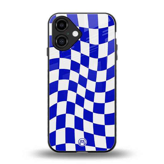 blue white trippy check pattern back phone cover | glass case for iphone 16