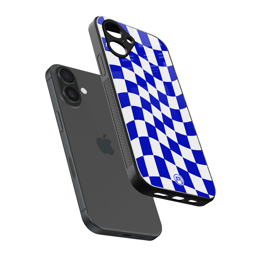 blue white trippy check pattern back phone cover | glass case for iphone 16