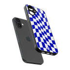 blue white trippy check pattern back phone cover | glass case for iphone 16