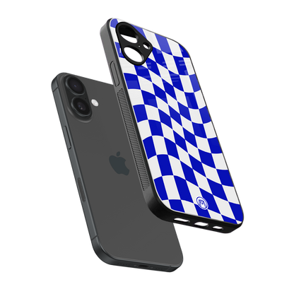 blue white trippy check pattern back phone cover | glass case for iphone 16